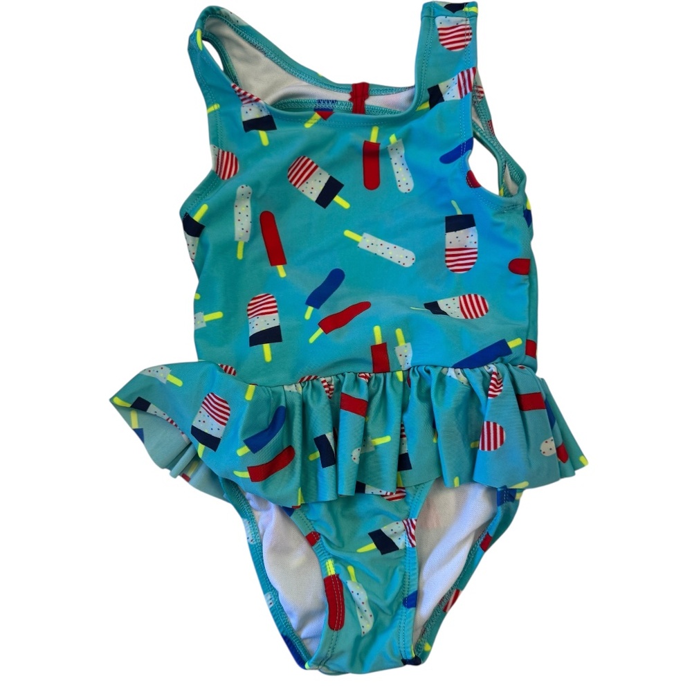 Cat & Jack one piece‎ swimsuit with red,white,blue popsicals print w/ turquoise